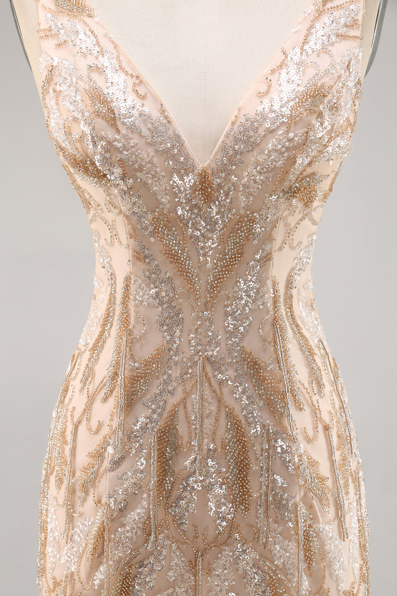 Load image into Gallery viewer, Sparkly V-Neck Champagne Short Sequin Tight Homecoming Dress