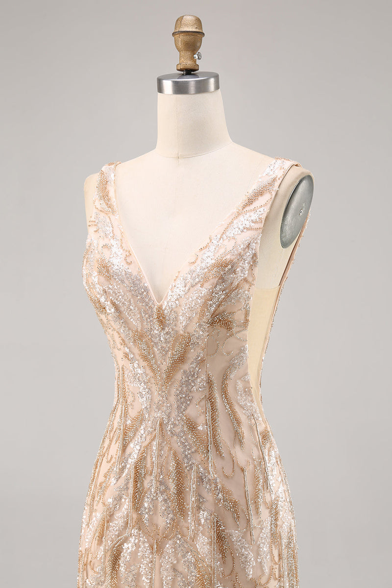 Load image into Gallery viewer, Sparkly V-Neck Champagne Short Sequin Tight Homecoming Dress