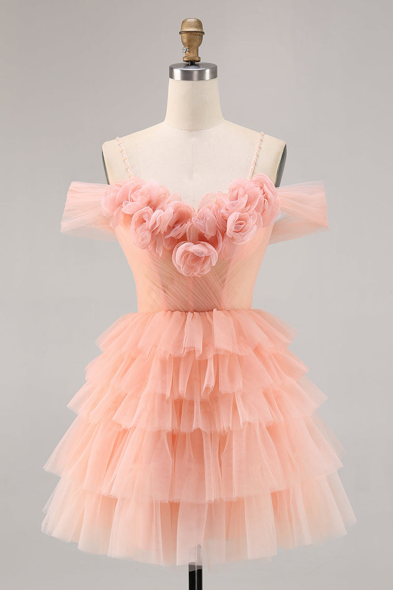 Load image into Gallery viewer, Blush A Line Short Cold Shoulder Tulle Homecoming Dress with Ruffles