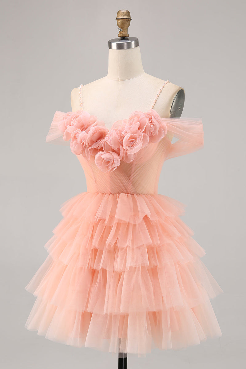Load image into Gallery viewer, Blush A Line Short Cold Shoulder Tulle Homecoming Dress with Ruffles