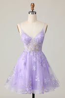 Load image into Gallery viewer, Sparkly Purple Floral A Line Short Homecoming Dress with Lace