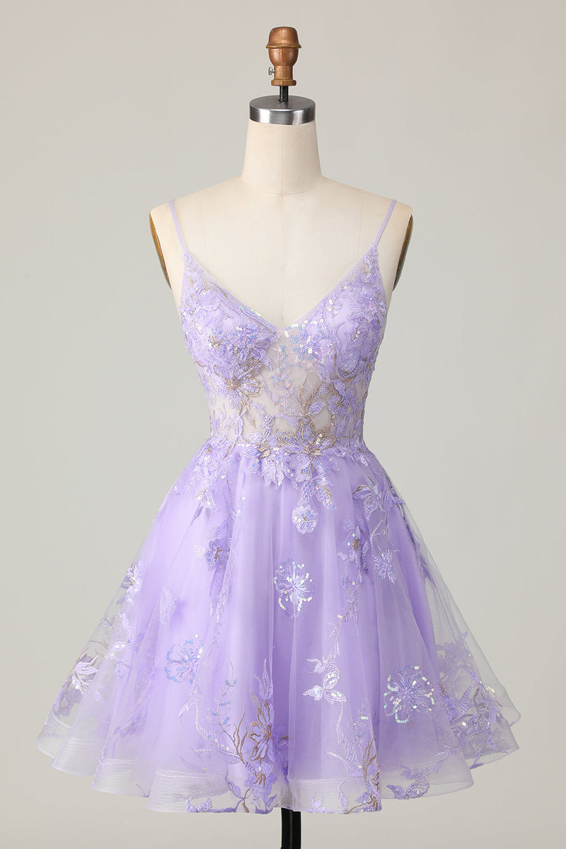 Load image into Gallery viewer, Sparkly Purple Floral A Line Short Homecoming Dress with Lace