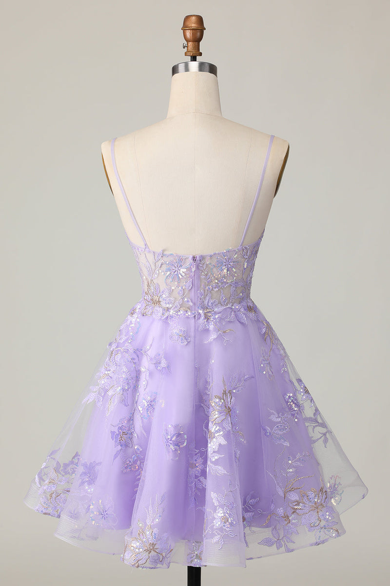 Load image into Gallery viewer, Sparkly Purple Floral A Line Short Homecoming Dress with Lace