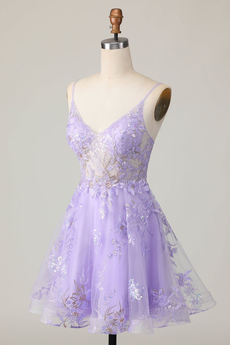 Load image into Gallery viewer, Sparkly Purple Floral A Line Short Homecoming Dress with Lace