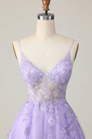 Load image into Gallery viewer, Sparkly Purple Floral A Line Short Homecoming Dress with Lace