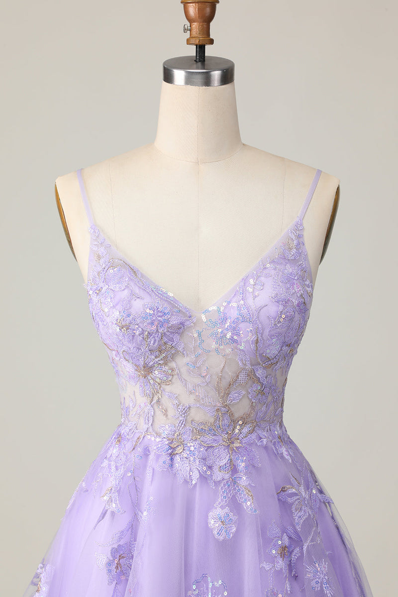 Load image into Gallery viewer, Sparkly Purple Floral A Line Short Homecoming Dress with Lace