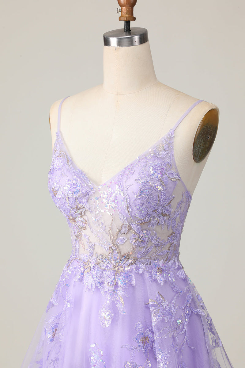 Load image into Gallery viewer, Sparkly Purple Floral A Line Short Homecoming Dress with Lace