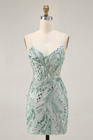Load image into Gallery viewer, Sparkly Green Spaghetti Straps Short Corset Homecoming Dress with Sequins