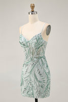 Load image into Gallery viewer, Sparkly Green Spaghetti Straps Short Corset Homecoming Dress with Sequins