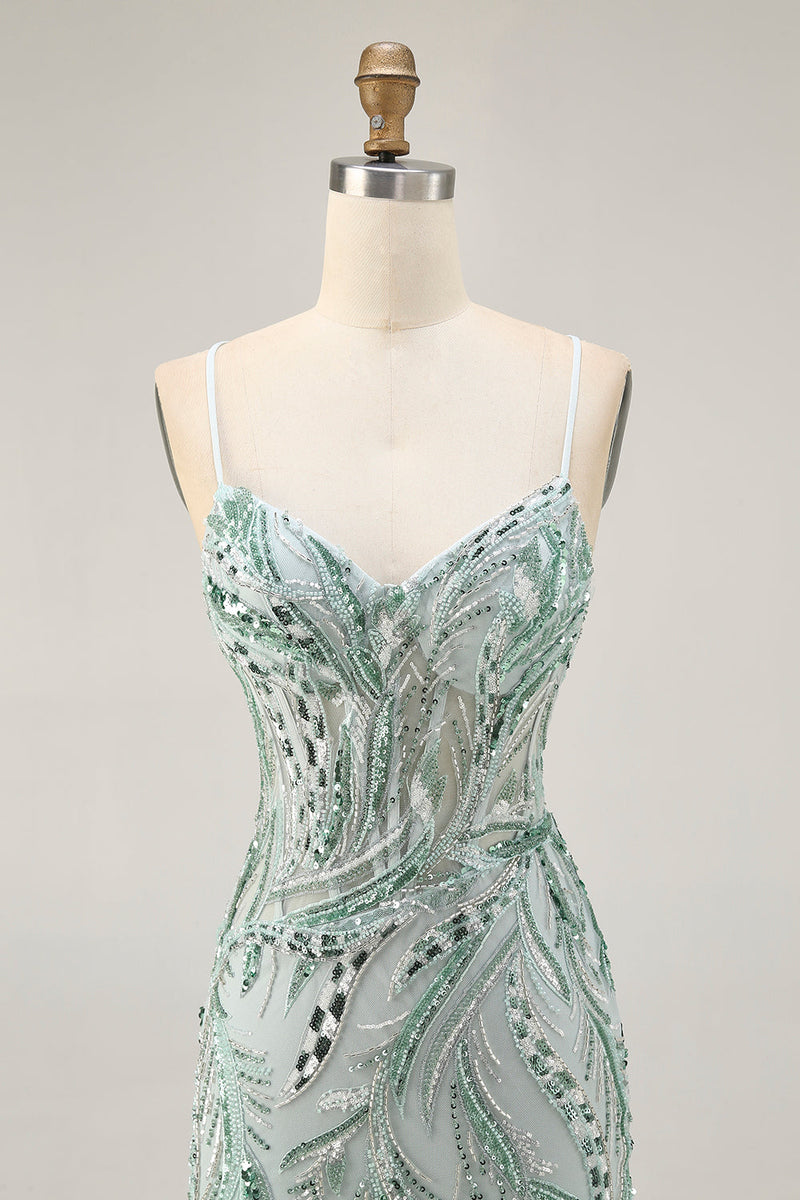 Load image into Gallery viewer, Sparkly Green Spaghetti Straps Short Corset Homecoming Dress with Sequins