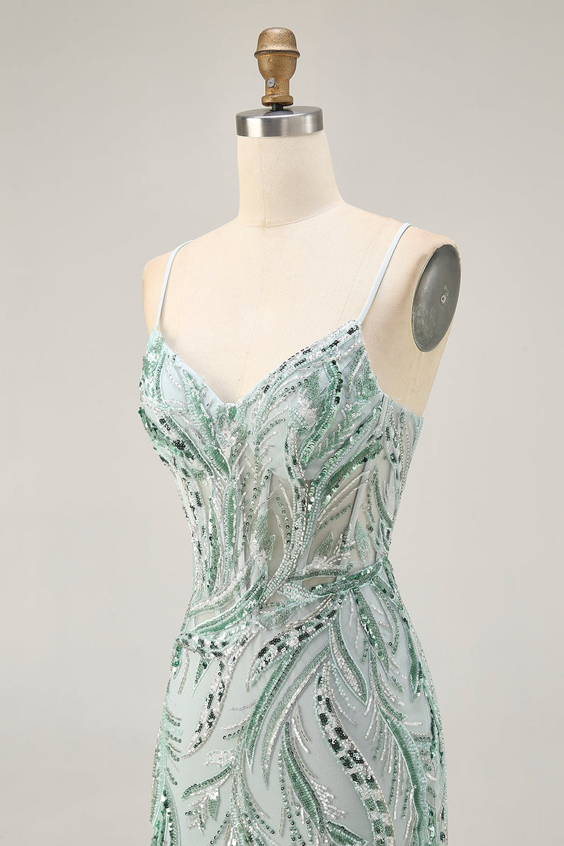 Load image into Gallery viewer, Sparkly Green Spaghetti Straps Short Corset Homecoming Dress with Sequins