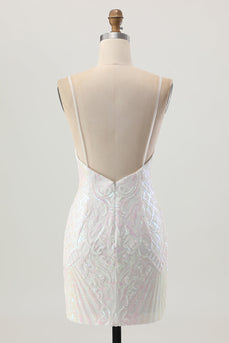 Sparkly White Sequins Tight Spaghetti Straps Short Homecoming Dress