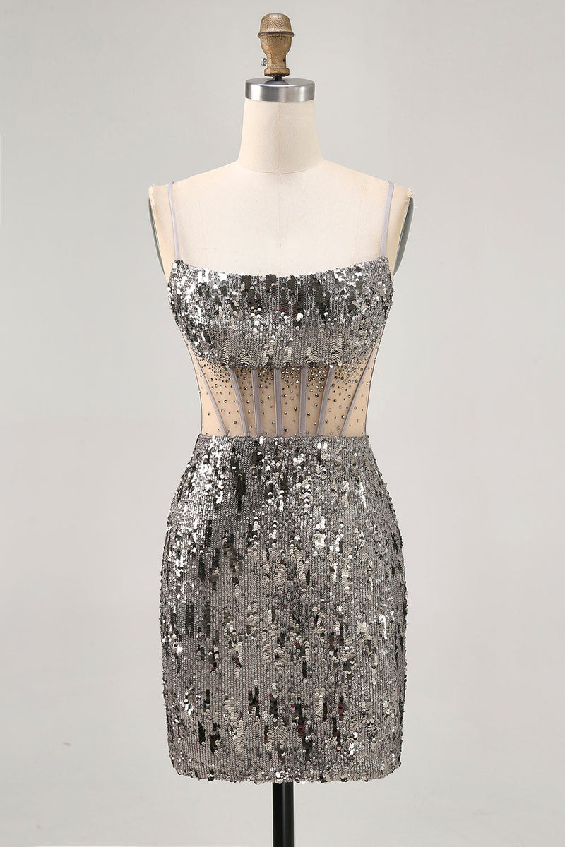 Load image into Gallery viewer, Sparkly Steel Grey Sequin Corset Short Tight Homecoming Dress