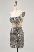 Load image into Gallery viewer, Sparkly Steel Grey Sequin Corset Short Tight Homecoming Dress