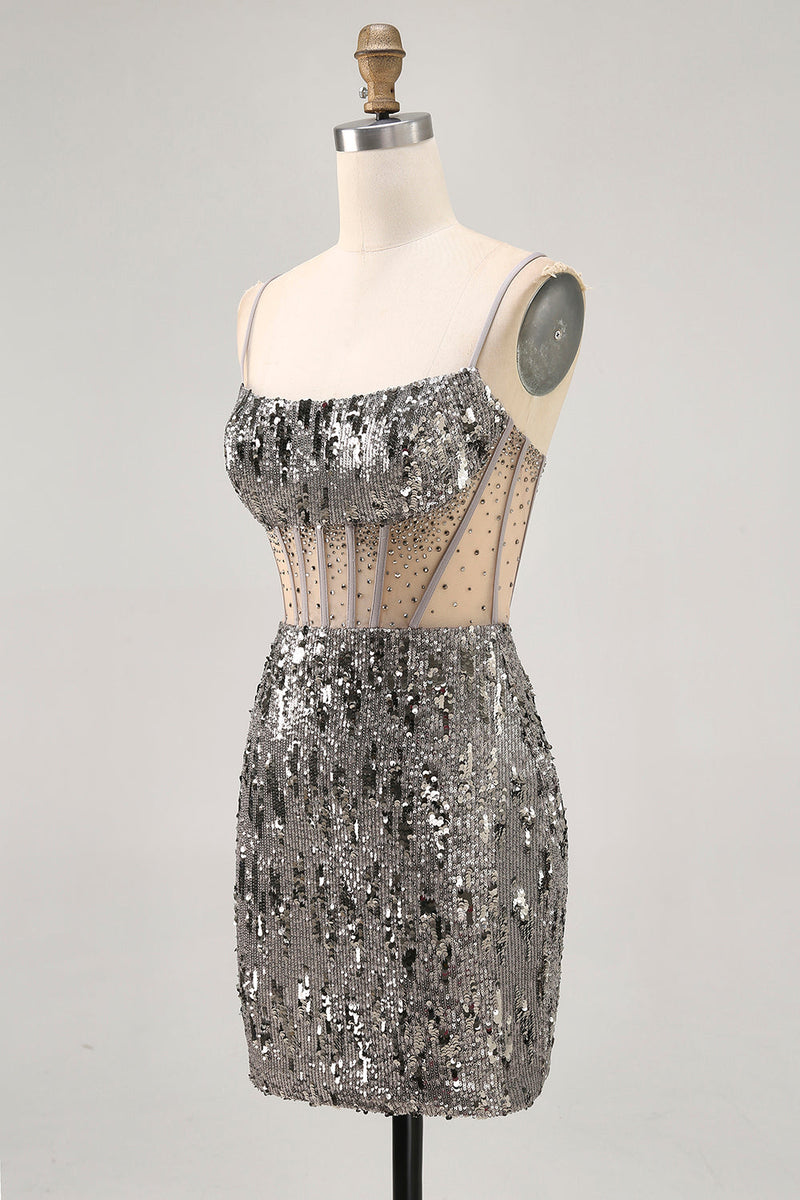 Load image into Gallery viewer, Sparkly Steel Grey Sequin Corset Short Tight Homecoming Dress