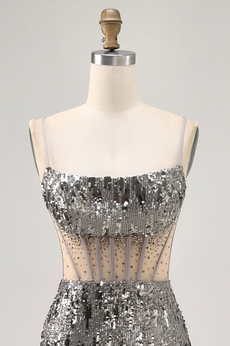Load image into Gallery viewer, Sparkly Steel Grey Sequin Corset Short Tight Homecoming Dress