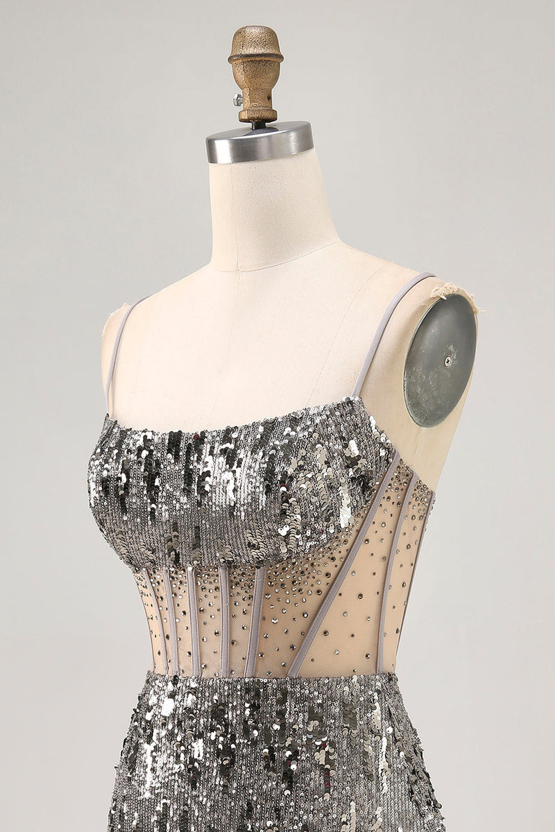 Load image into Gallery viewer, Sparkly Steel Grey Sequin Corset Short Tight Homecoming Dress