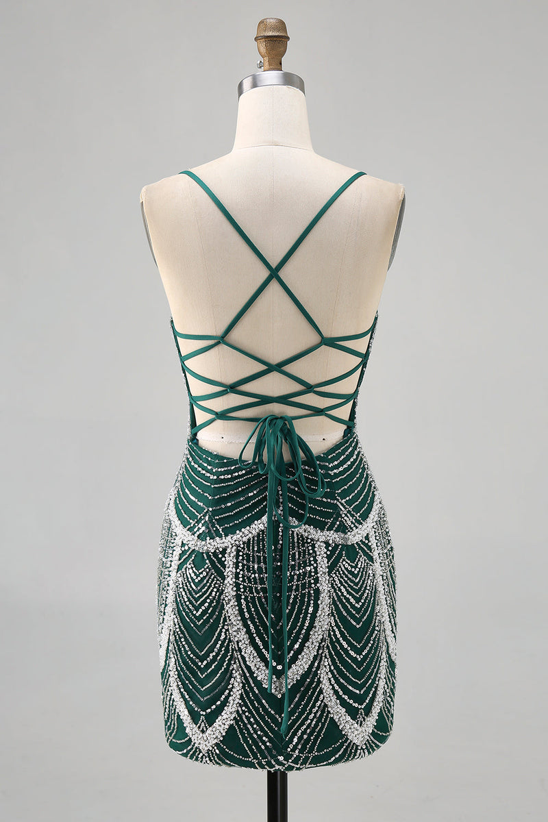 Load image into Gallery viewer, Sparkly Dark Green Tight Short Homecoming Dress with Beading