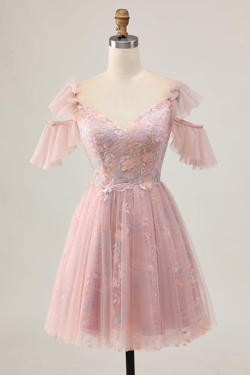 Load image into Gallery viewer, Sparkly Blush Cold Shoulder Floral Short Homecoming Dress with Ruffles
