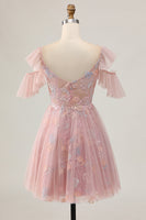 Load image into Gallery viewer, Sparkly Blush Cold Shoulder Floral Short Homecoming Dress with Ruffles
