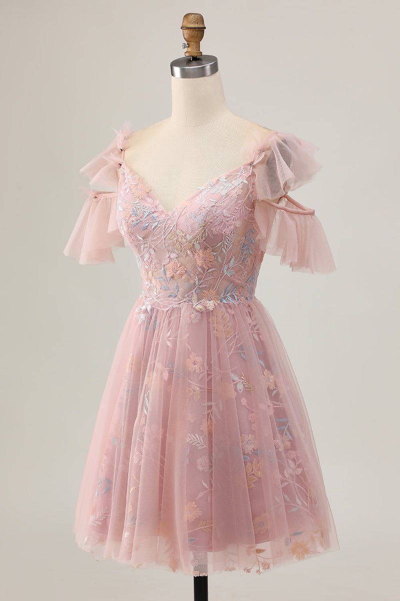 Load image into Gallery viewer, Sparkly Blush Cold Shoulder Floral Short Homecoming Dress with Ruffles