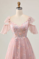 Load image into Gallery viewer, Sparkly Blush Cold Shoulder Floral Short Homecoming Dress with Ruffles
