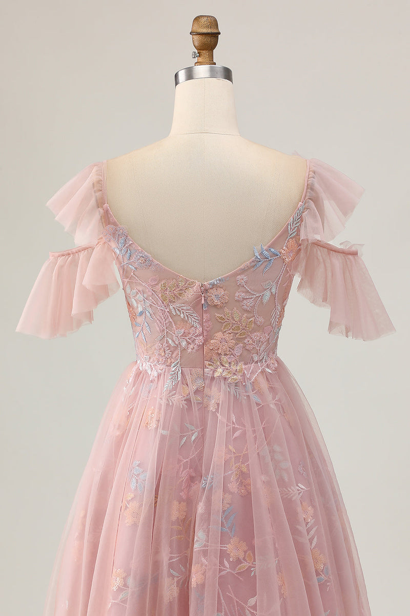 Load image into Gallery viewer, Sparkly Blush Cold Shoulder Floral Short Homecoming Dress with Ruffles