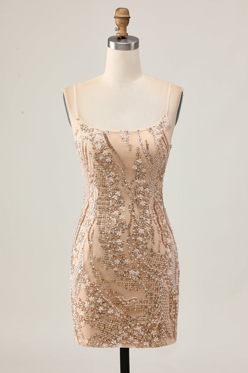 Load image into Gallery viewer, Sparkly Champagne Floral Short Tight Homecoming Dress with Beading