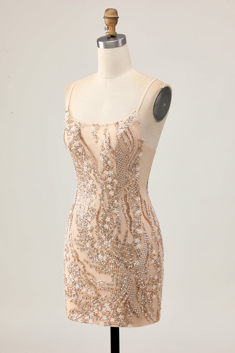 Load image into Gallery viewer, Sparkly Champagne Floral Short Tight Homecoming Dress with Beading