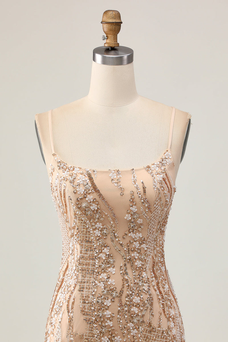 Load image into Gallery viewer, Sparkly Champagne Floral Short Tight Homecoming Dress with Beading
