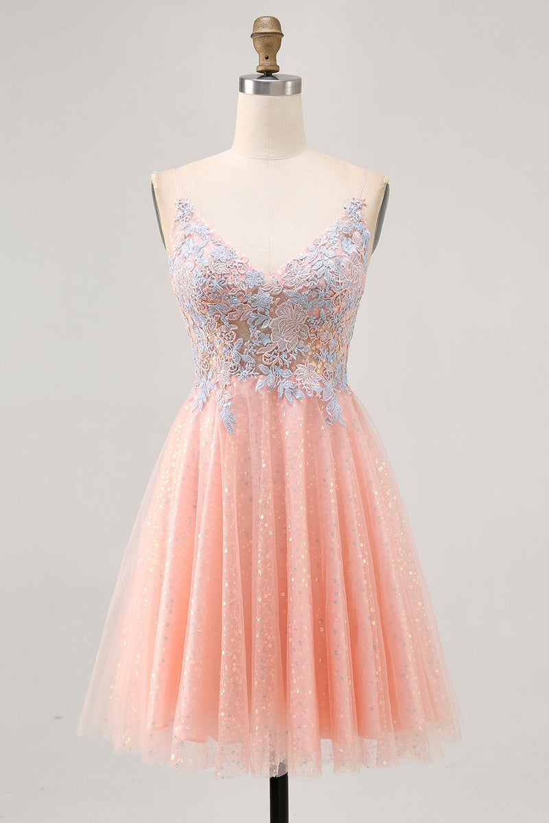 Load image into Gallery viewer, Blush and Blue Appliqued Sparkly Short Homecoming Dress with Sequins