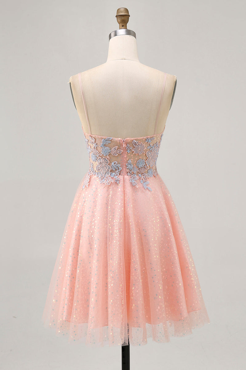 Load image into Gallery viewer, Blush and Blue Appliqued Sparkly Short Homecoming Dress with Sequins