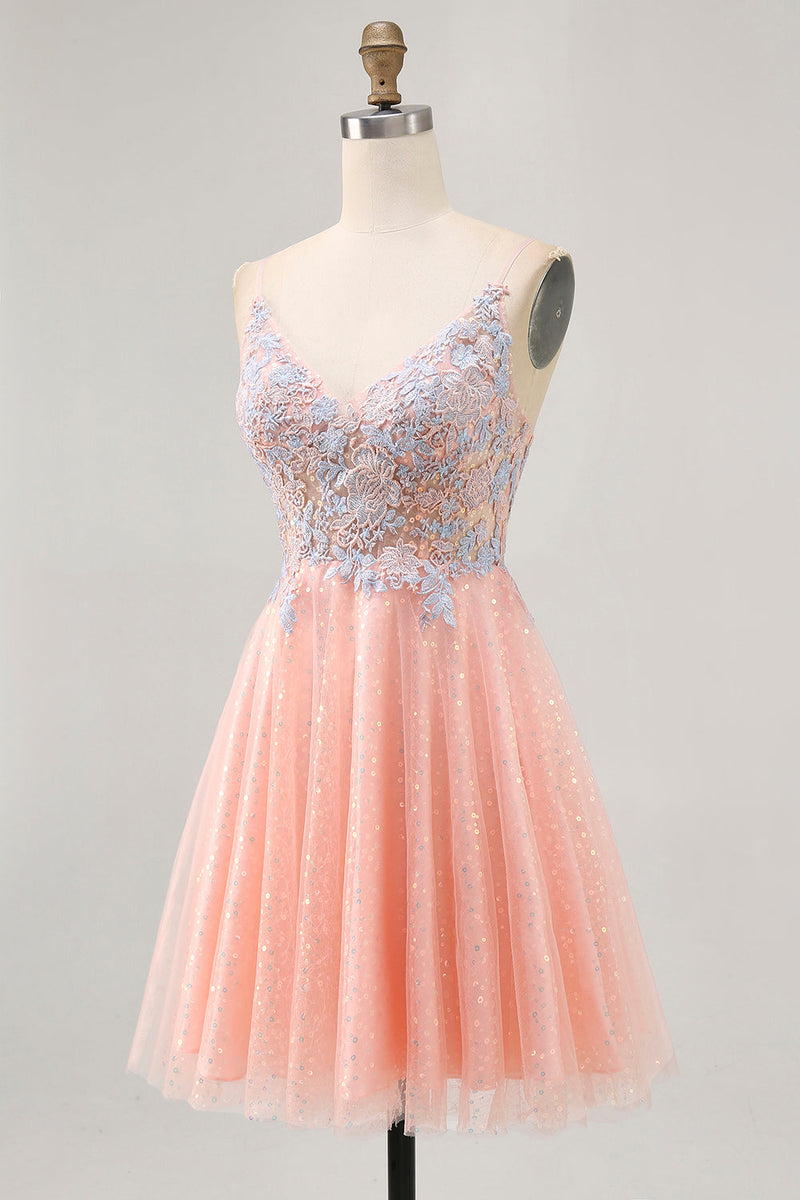 Load image into Gallery viewer, Blush and Blue Appliqued Sparkly Short Homecoming Dress with Sequins