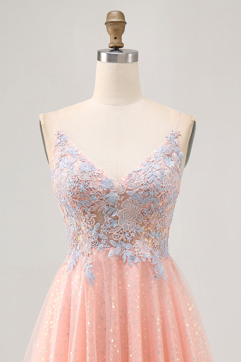 Load image into Gallery viewer, Blush and Blue Appliqued Sparkly Short Homecoming Dress with Sequins