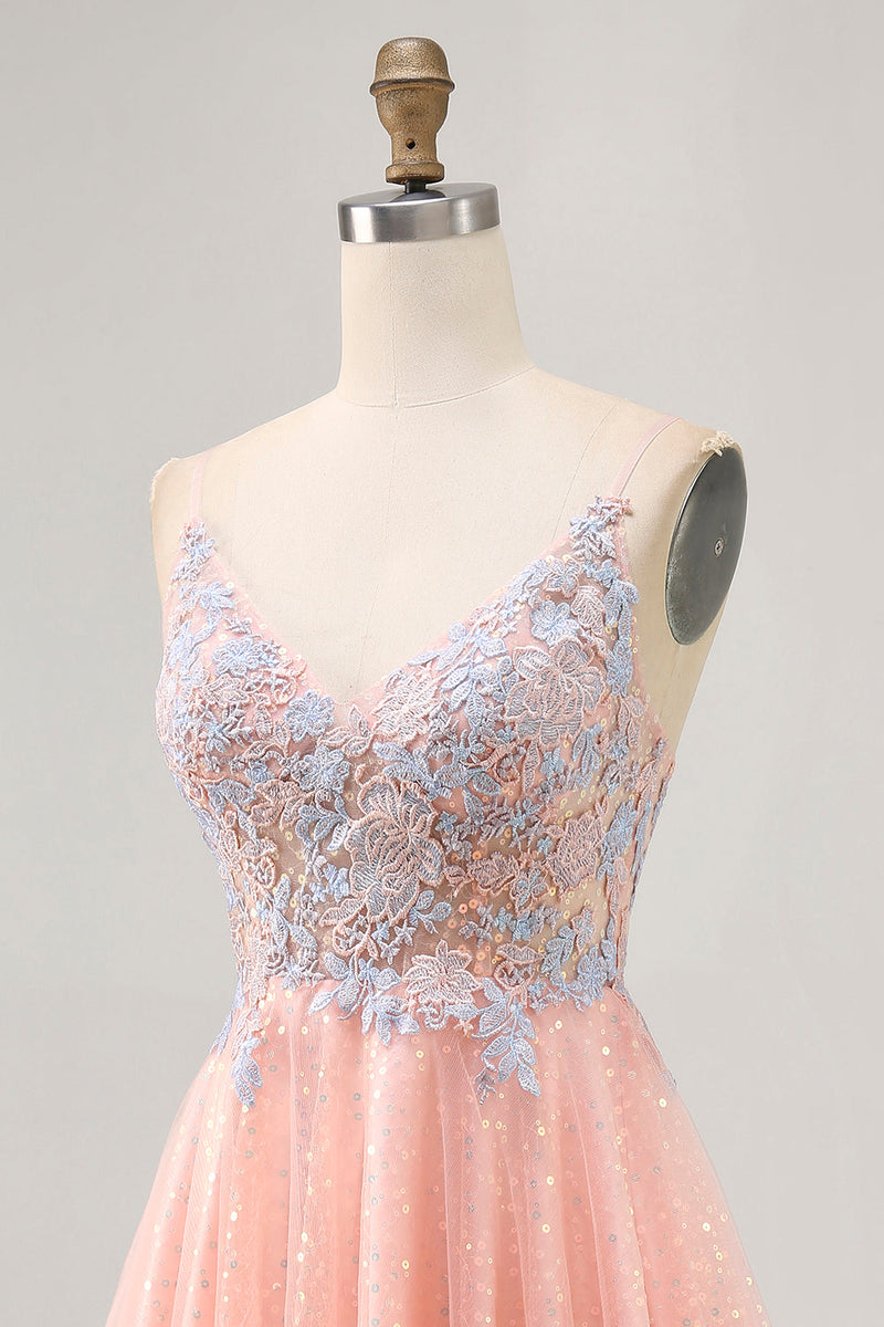 Load image into Gallery viewer, Blush and Blue Appliqued Sparkly Short Homecoming Dress with Sequins