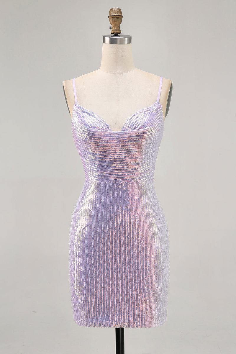 Load image into Gallery viewer, Sparkly Lilac Sequin Backless Tight Short Homecoming Dress