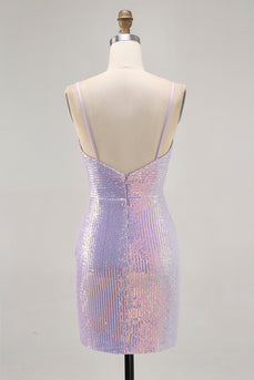 Sparkly Lilac Sequin Backless Tight Short Homecoming Dress