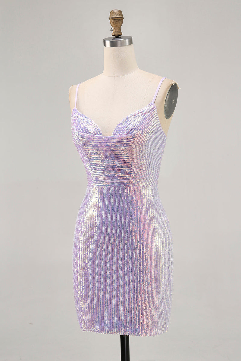 Load image into Gallery viewer, Sparkly Lilac Sequin Backless Tight Short Homecoming Dress
