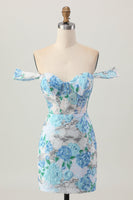 Load image into Gallery viewer, Sparkly Floral White Blue Sequins Off The Shoulder Short Homecoming Dress
