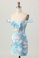 Load image into Gallery viewer, Sparkly Floral White Blue Sequins Off The Shoulder Short Homecoming Dress