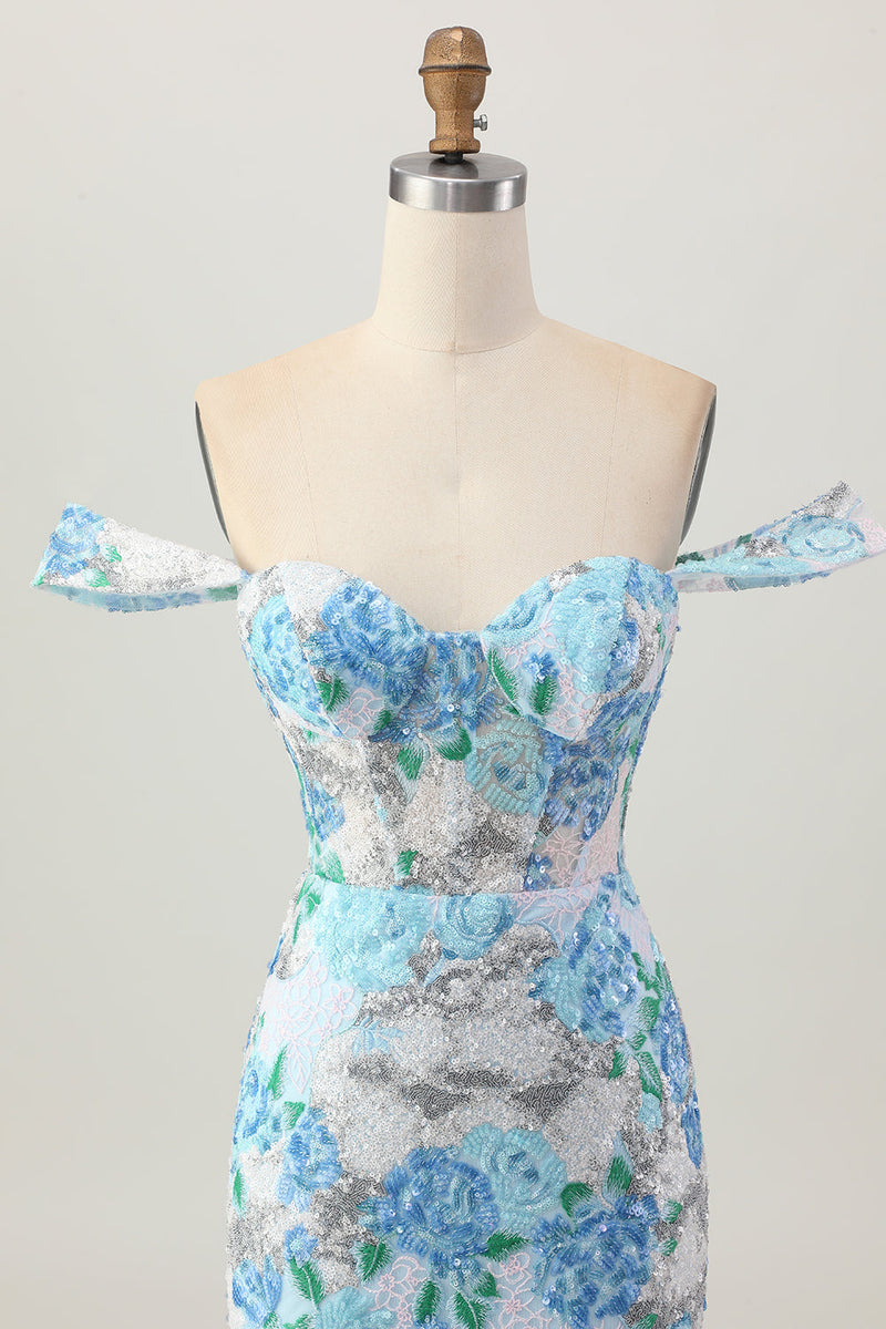 Load image into Gallery viewer, Sparkly Floral White Blue Sequins Off The Shoulder Short Homecoming Dress
