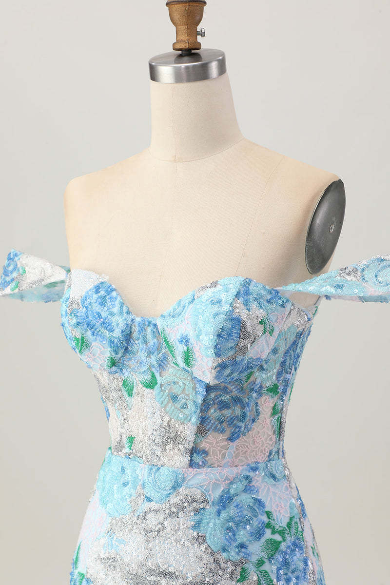 Load image into Gallery viewer, Sparkly Floral White Blue Sequins Off The Shoulder Short Homecoming Dress