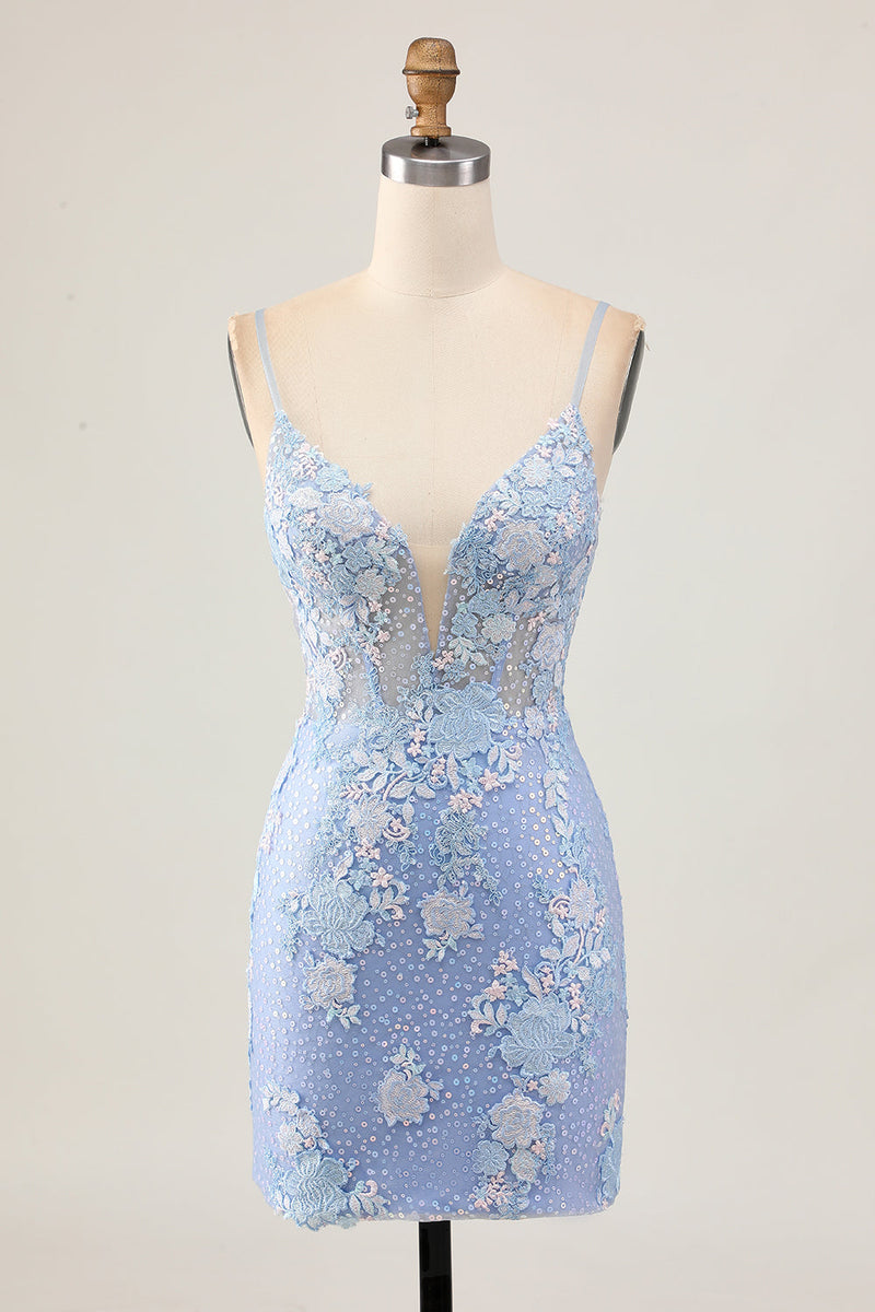 Load image into Gallery viewer, Sparkly Light Blue Corset Floral Short Tight Homecoming Dress with Appliques