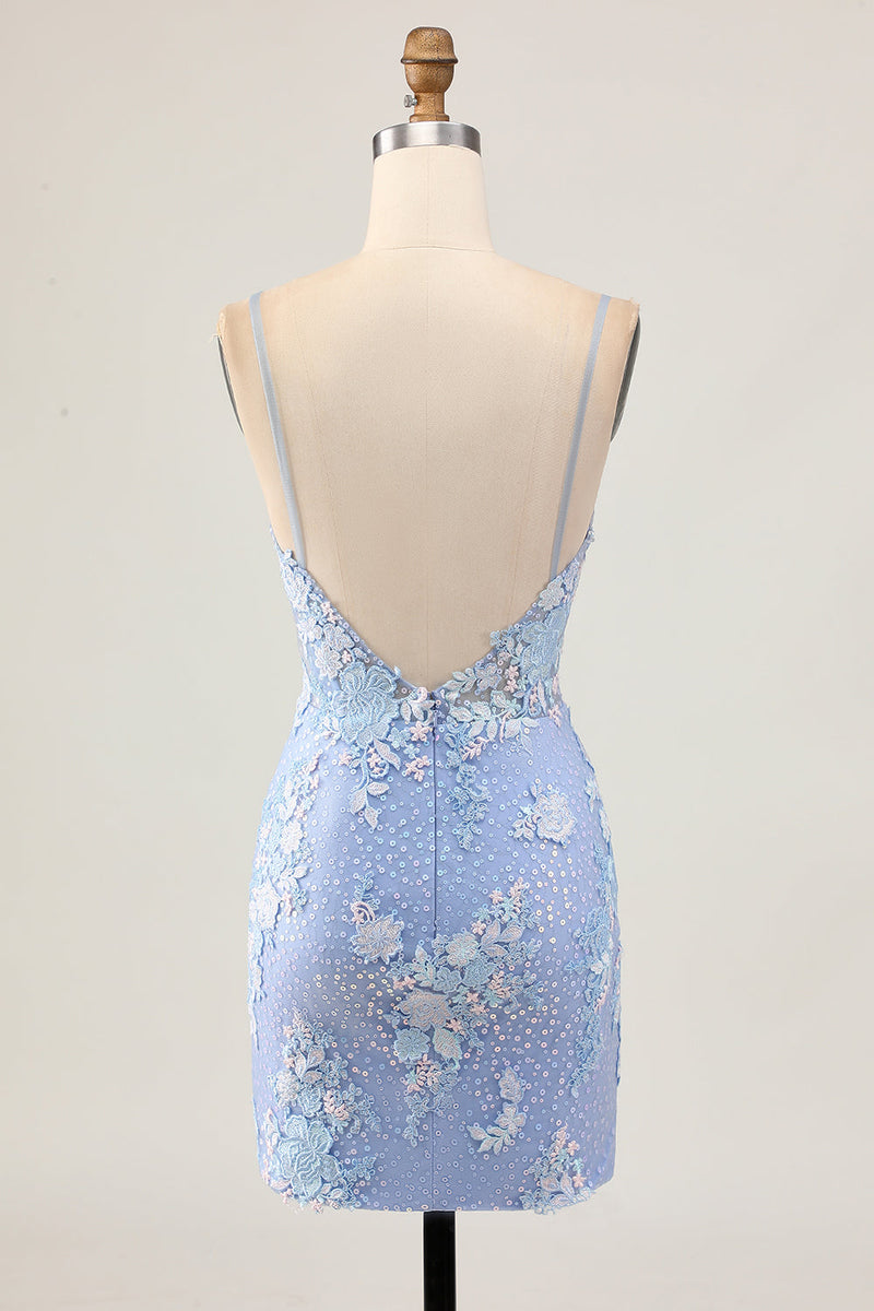 Load image into Gallery viewer, Sparkly Light Blue Corset Floral Short Tight Homecoming Dress with Appliques