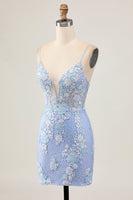 Load image into Gallery viewer, Sparkly Light Blue Corset Floral Short Tight Homecoming Dress with Appliques