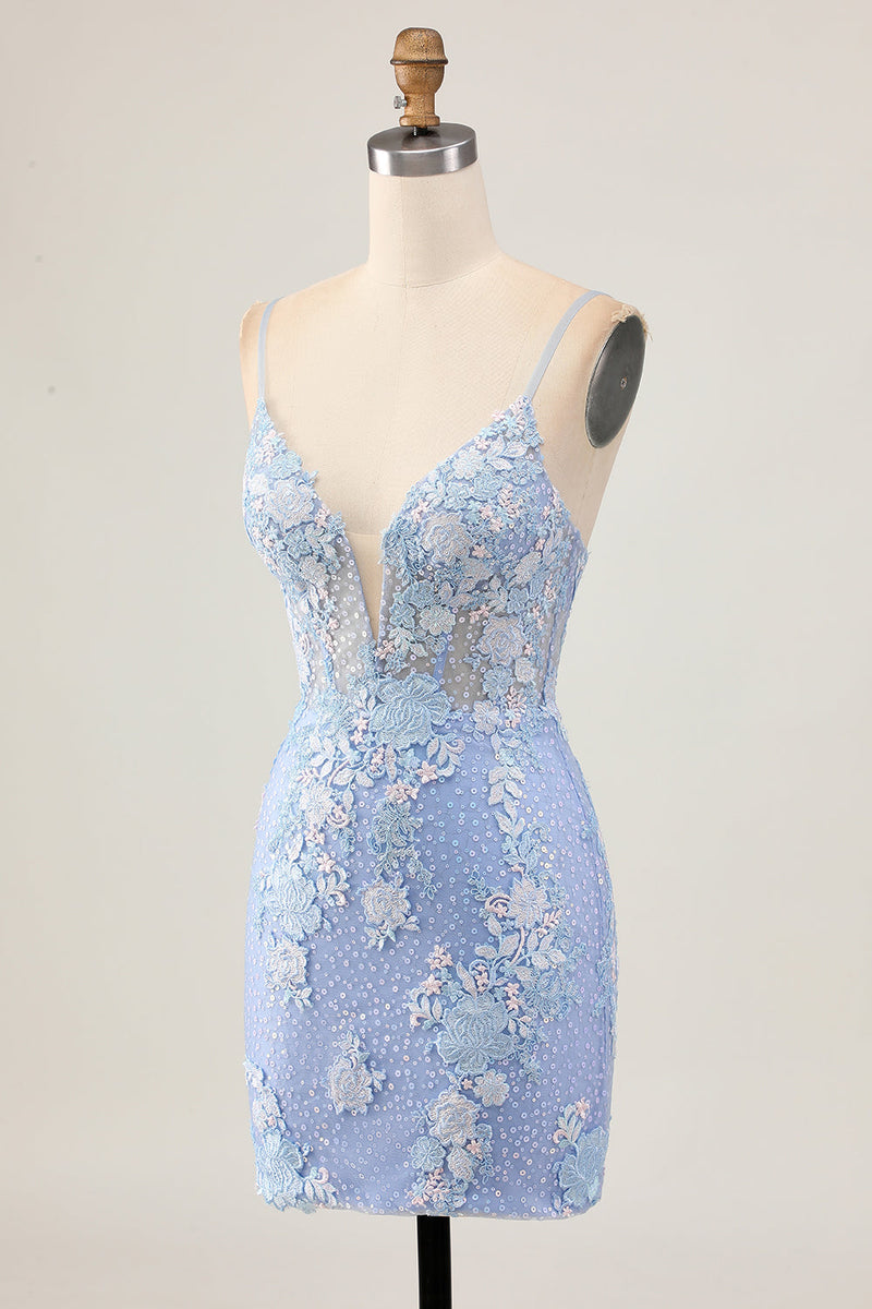 Load image into Gallery viewer, Sparkly Light Blue Corset Floral Short Tight Homecoming Dress with Appliques