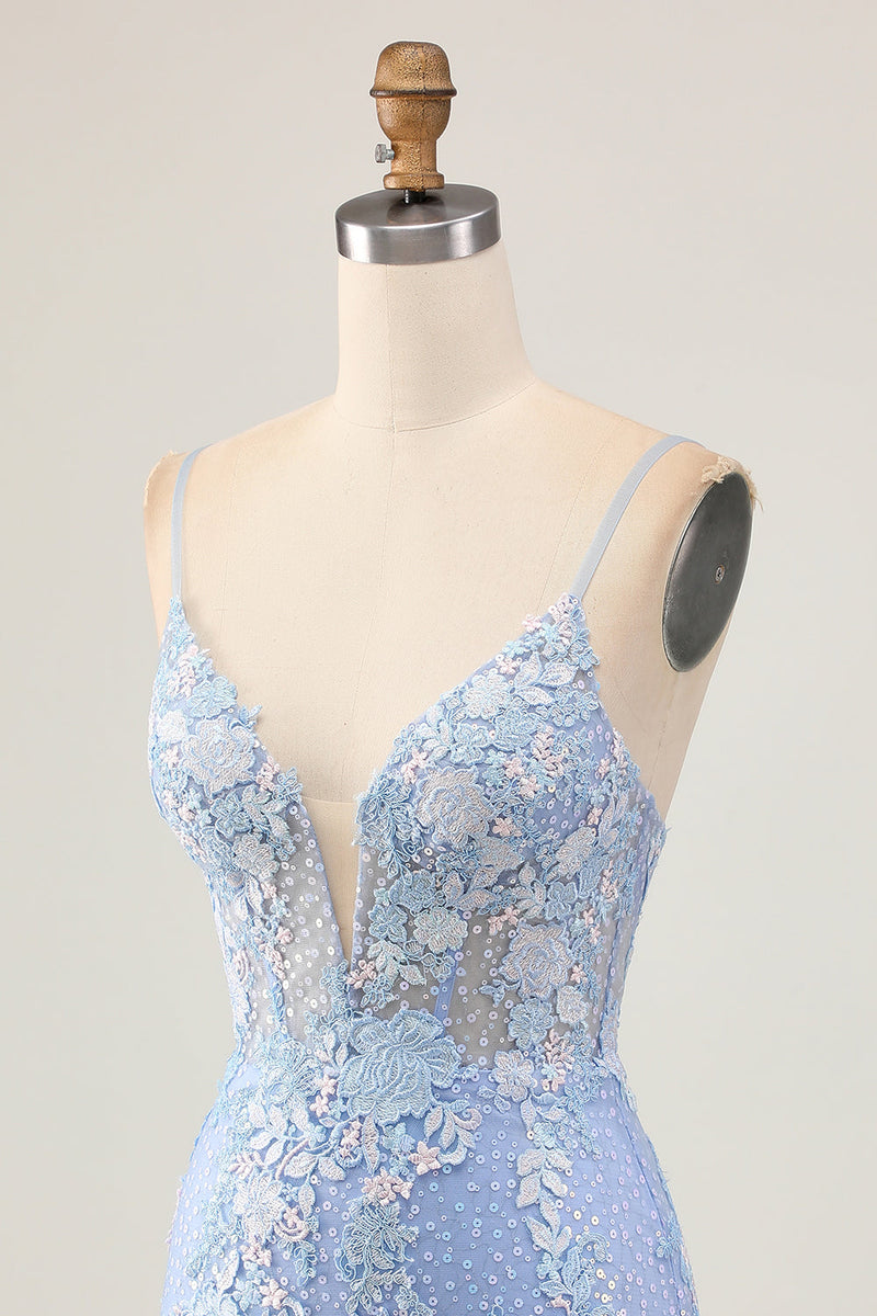 Load image into Gallery viewer, Sparkly Light Blue Corset Floral Short Tight Homecoming Dress with Appliques