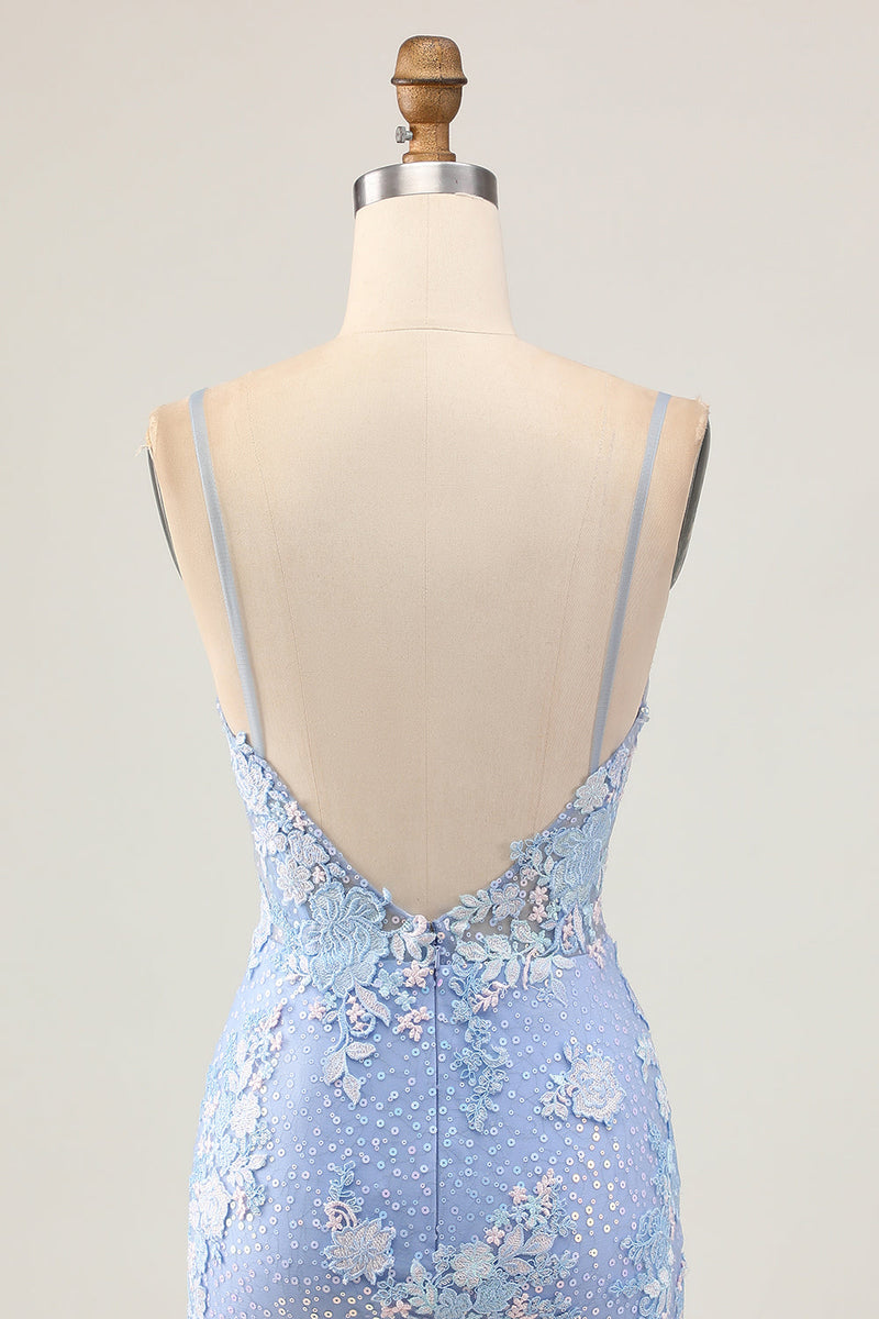 Load image into Gallery viewer, Sparkly Light Blue Corset Floral Short Tight Homecoming Dress with Appliques