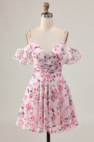 Load image into Gallery viewer, Floral Pink Ruched Chiffon Short Homecoming Dress with Ruffles