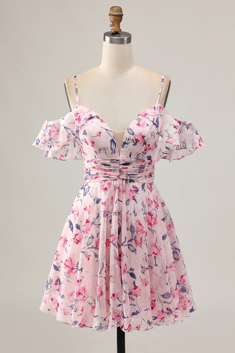 Load image into Gallery viewer, Floral Pink Ruched Chiffon Short Homecoming Dress with Ruffles